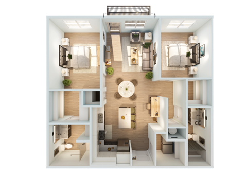 Floor plan for 2 beds, 2 baths, 1129 sqft