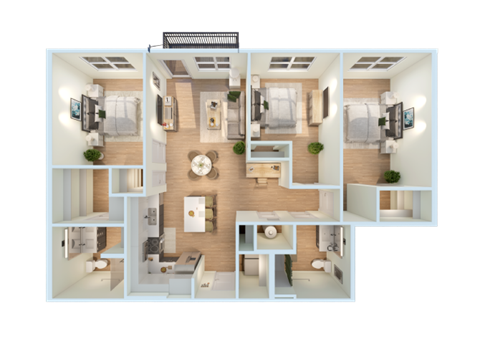 Floor plan for 3 beds, 2 baths, 1352 sqft