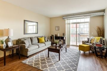 Osseo apartment for rent - A living room with a grey couch and a grey rug.