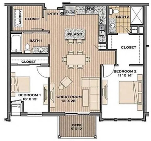 Floor plan for 2 beds, 2 baths, 1056 sqft