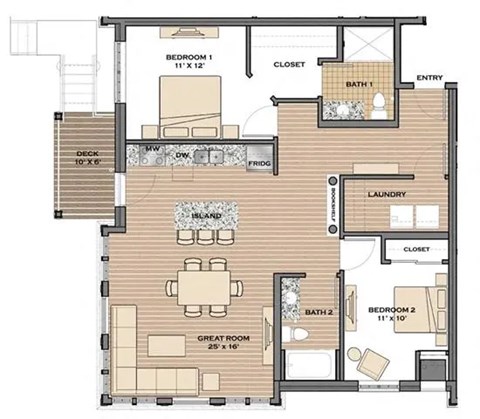 Floor plan for 2 beds, 2 baths, 1144 sqft