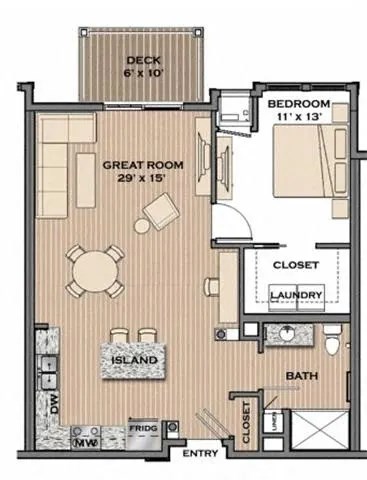Floor plan for 1 bed, 1 bath, 792 sqft