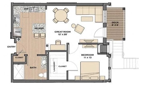 Floor plan for 1 bed, 1 bath, 706 sqft