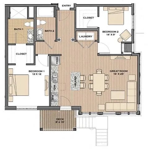 Floor plan for 2 beds, 2 baths, 1080 sqft