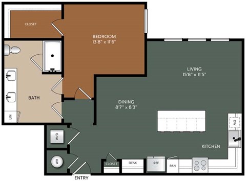 Floor plan for 1 bed, 1 bath, 959 sqft