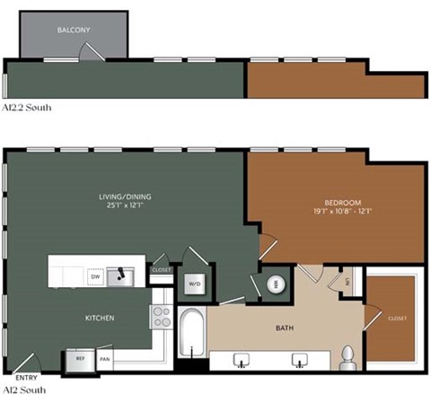 Floor plan for 1 bed, 1 bath, 1056 sqft