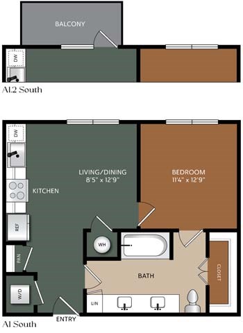 Floor plan for 1 bed, 1 bath, 610 sqft