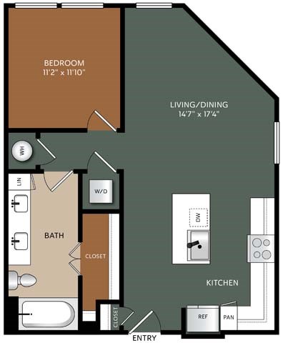 Floor plan for 1 bed, 1 bath, 754 sqft