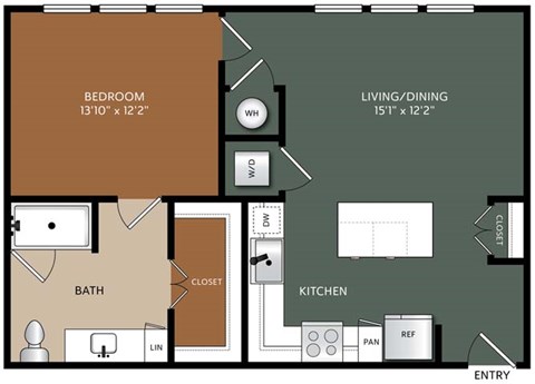 Floor plan for 1 bed, 1 bath, 756 sqft