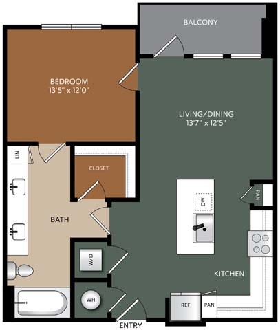 Floor plan for 1 bed, 1 bath, 764 sqft