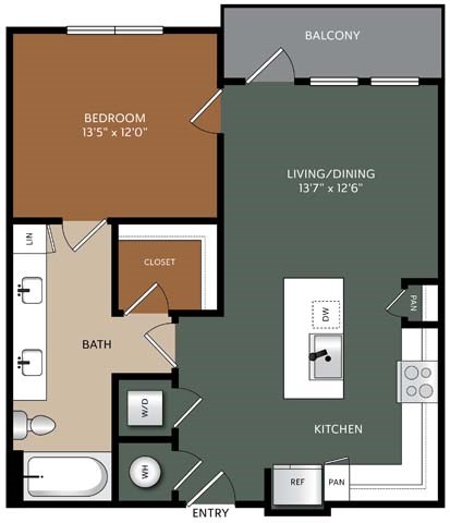 Floor plan for 1 bed, 1 bath, 757 sqft