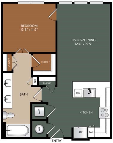 Floor plan for 1 bed, 1 bath, 776 sqft