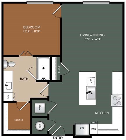 Floor plan for 1 bed, 1 bath, 811 sqft