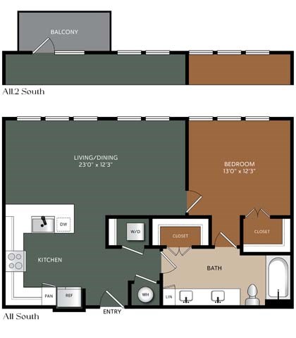 Floor plan for 1 bed, 1 bath, 861 sqft