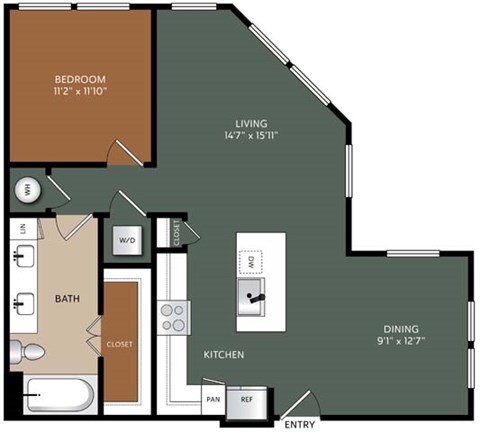 Floor plan for 1 bed, 1 bath, 886 sqft