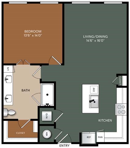 Floor plan for 1 bed, 1 bath, 879 sqft