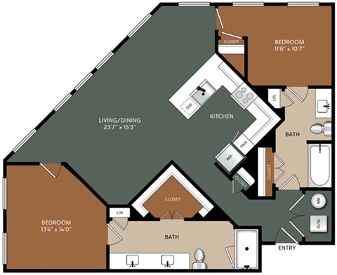 Floor plan for 2 beds, 2 baths, 1240 sqft