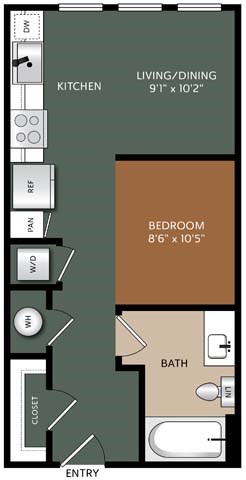 Floor plan for studio, 1 bath, 516 sqft