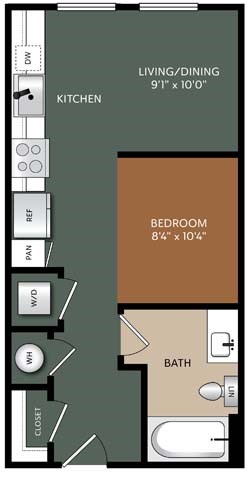 Floor plan for studio, 1 bath, 496 sqft