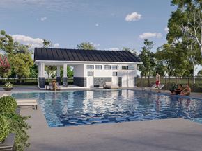 Kansas City apartment for rent - Townhomes with Attached Garage in Kansas City, MO - Barry West - Pool with Pool House, Spacious Sundeck, Lounge Chairs, Potted Flowering Plants, Fence, and Surrounding Trees.
