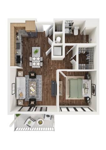 Floor plan for 1 bed, 1 bath, 755 sqft
