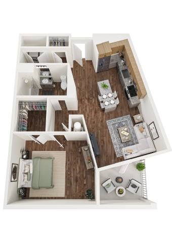 Floor plan for 1 bed, 1 bath, 965 sqft