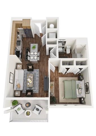 Floor plan for 1 bed, 1 bath, 697 sqft