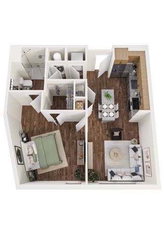 Floor plan for 1 bed, 1 bath, 775 sqft