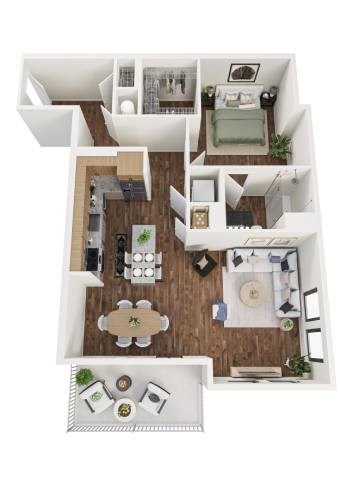 Floor plan for 1 bed, 1 bath, 990 sqft