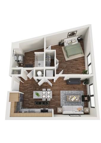 Floor plan for 1 bed, 1 bath, 795 sqft