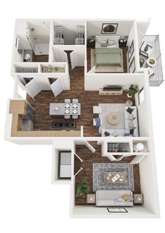 Floor plan for 1 bed, 1 bath, 961 sqft