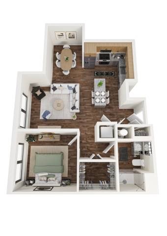 Floor plan for 1 bed, 1 bath, 877 sqft