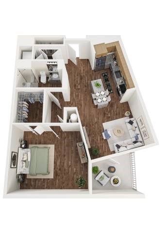 Floor plan for 1 bed, 1 bath, 965 sqft