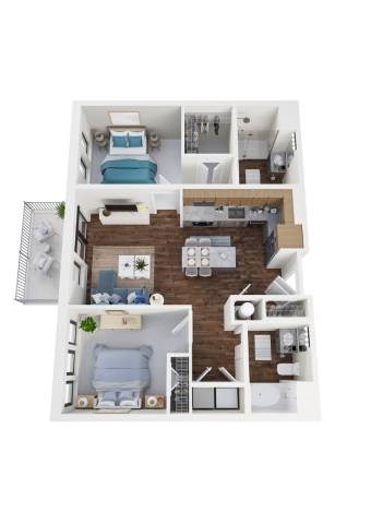 Floor plan for 2 beds, 2 baths, 1063 sqft