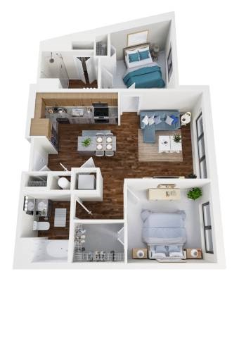 Floor plan for 2 beds, 2 baths, 1007 sqft