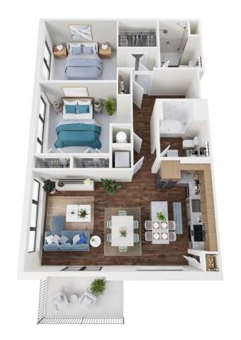 Floor plan for 2 beds, 2 baths, 1238 sqft