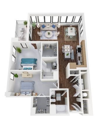 Floor plan for 2 beds, 2 baths, 1429 sqft