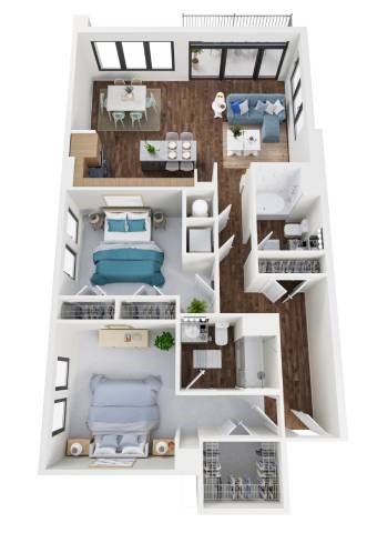 Floor plan for 2 beds, 2 baths, 1359 sqft