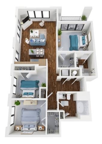 Floor plan for 3 beds, 2 baths, 1373 sqft