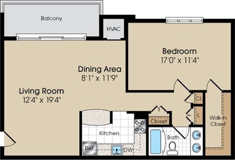 Floor plan for 1 bed, 1 bath, 781 sqft