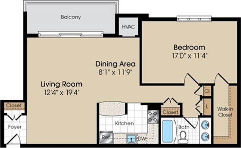 Floor plan for 1 bed, 1 bath, 810 sqft