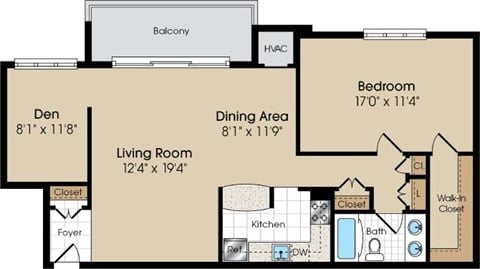 Floor plan for 1 bed, 1 bath, 907 sqft