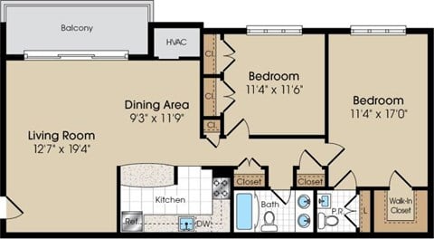 Floor plan for 2 beds, 1.5 baths, 997 sqft