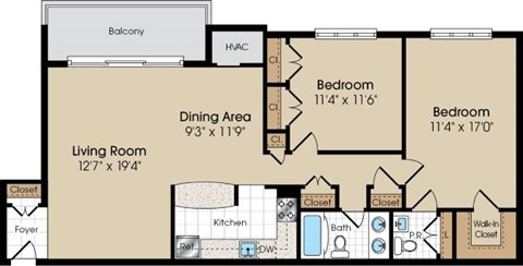 Floor plan for 2 beds, 1.5 baths, 1023 sqft
