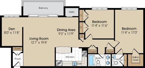 Floor plan for 2 beds, 1.5 baths, 1108 sqft