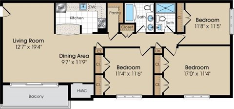 Floor plan for 3 beds, 2 baths, 1164 sqft