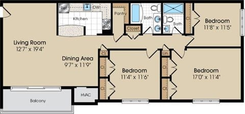 Floor plan for 3 beds, 2 baths, 1193 sqft