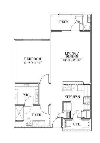 Floor plan for 1 bed, 1 bath, 800 sqft