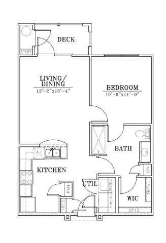 Floor plan for 1 bed, 1 bath, 675 sqft