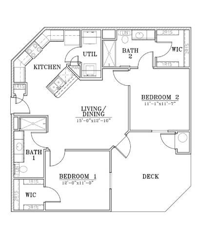 Floor plan for 2 beds, 2 baths, 925 sqft